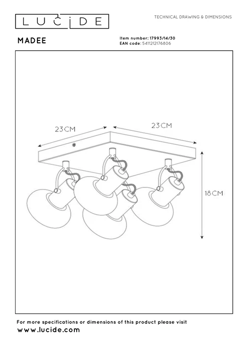 Lucide MADEE - Plafondspot - 4xE14 - Zwart - technisch